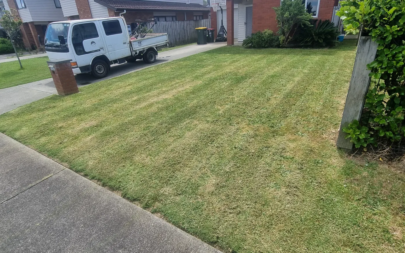 A freshly mown front lawn with clean edges in Papatoetoe